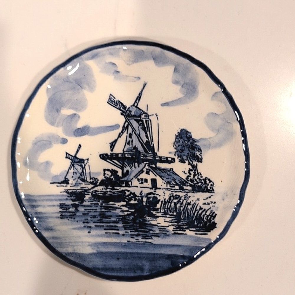 Vintage Delft Blue Hand Painted Windmill Plate Dish Made in Holland